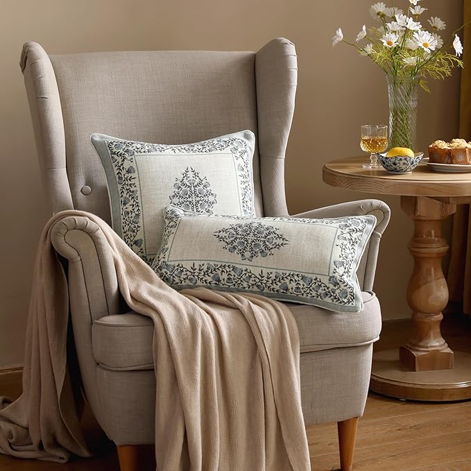 Design Linen Rectangle Throw Pillow Covers 12"x20" Pack of 2, Cottage Farmhouse Cushion Covers with Blue Grey Thorn Vine Pattern Decoration Pillowcases for Bed, Living Room, Outdoor, Car