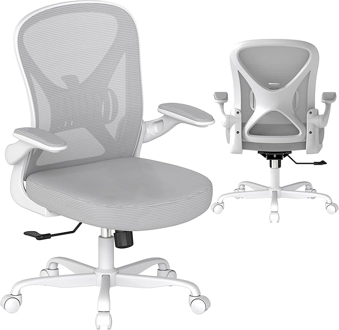 Ergonomic Office Chair with Adjustable Lumbar Support, Mesh Home Office Desk Chair with Wheels and Flip-up Arms, Grey