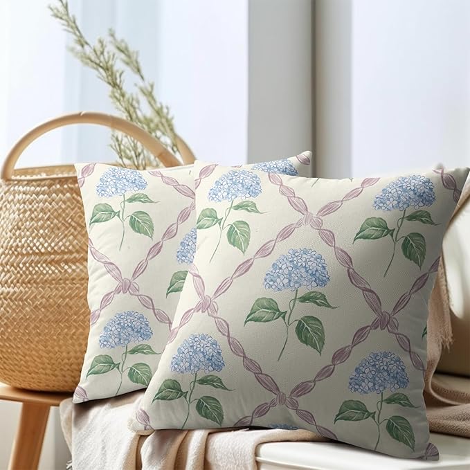 Kawani Hydrangea Pillow Covers 24x24 Inch Watercolor Blue and Pink Floral Outdoor Decorative Throw Pillows Set of 2 Rustic Elegant Flower Pillowcases Cushion Covers for Home Couch Decor