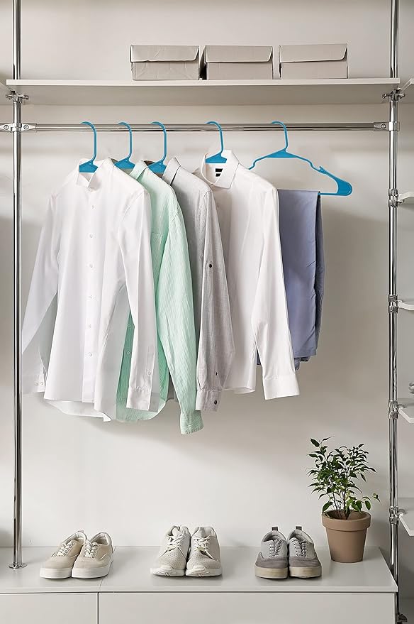 Royale Linens 60 Pack Blue Plastic Hangers for Clothes - Heavy Duty Clothes Hanger for Everyday Use - Lightweight & Space Saving Notched Plastic Hangers