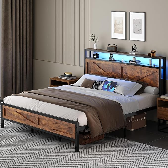 King Bed Frame with LED Lights and Charging Station, Metal Platform Bed King Size with 2-Tier Rustic Barn Door Storage Headboard, Noise-Free, No Box Spring Needed, Easy Assembly, Rustic Brown