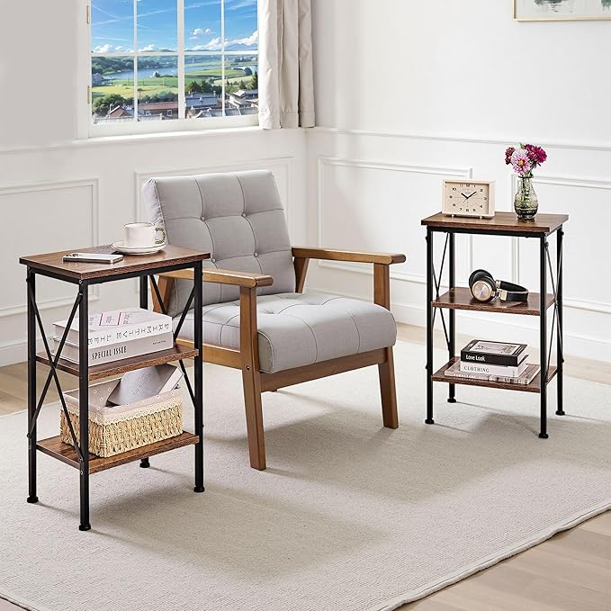 VECELO Versatile Side/End Table with Storage Shelf Nightstands for Living Room,Bedroom Furniture (Set of 2), Shelves, Retro Brown