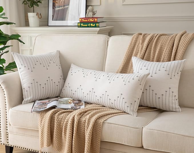 Caflife Boho Lumbar Pillow Cover 14x36 Long Pack of 1 Decorative Pillows Bed, Beige with Grey Body Throw Pillow Covers, for Modern Farmhouse Sofa Bedroom Living Room Home Decor Couch Pillowcase