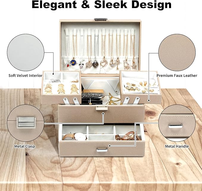 Dajasan Jewelry Box Organizer, Jewelry Boxes for Women Girls, 3 Layers Jewelry Gift Box for Christmas, Valentine's Day, Birthday, Mother's Day (Champagne)