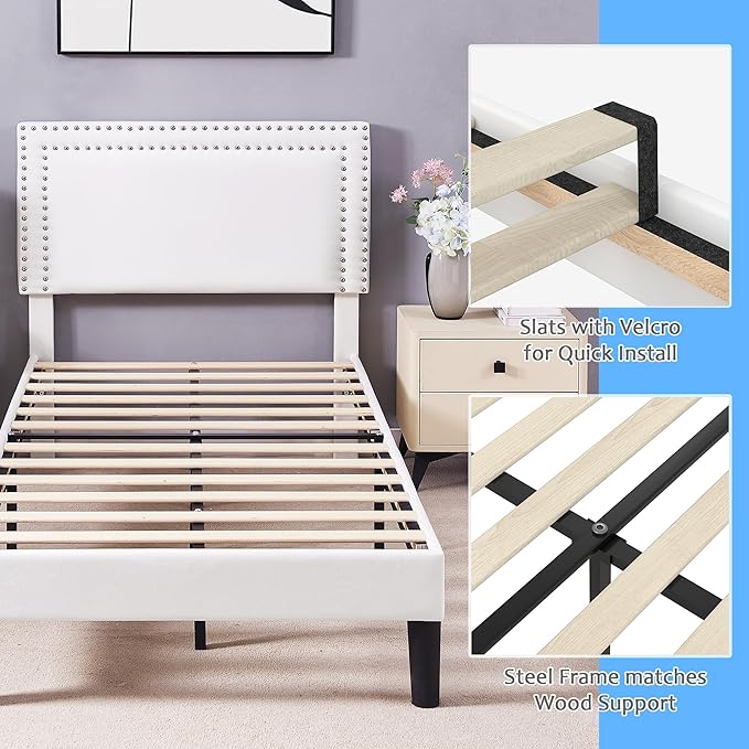VECELO Twin Size Bed Frame Velvet Upholstered Platform with Headboard, Modern Mattress Foundation, Wood Slat Support, No Box Spring Needed, Noise-Free, Easy Assembly