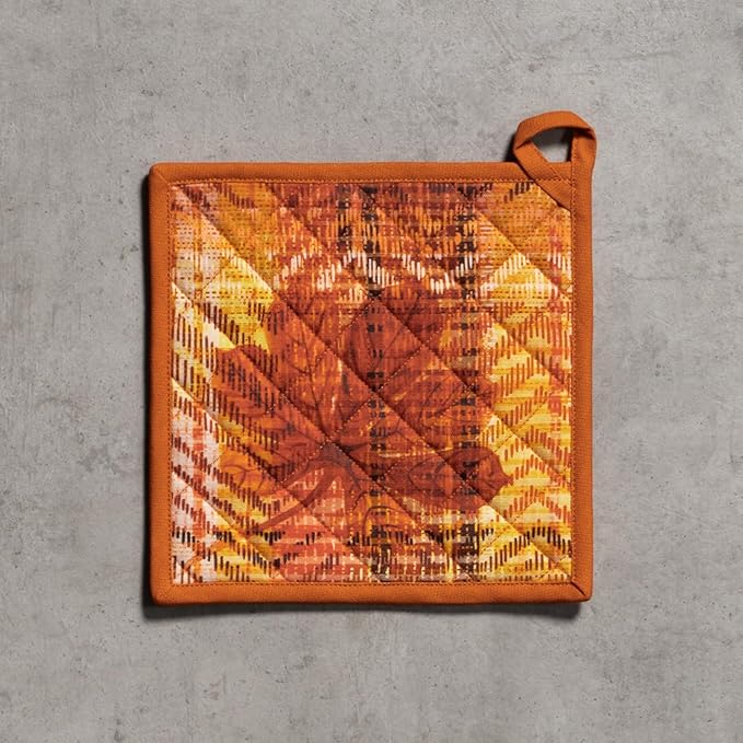 Maison d' Hermine 100% Cotton Oven Mitt & Pot Holder Set (7.5"x13" & 8"x8") Heat Resistant BBQ Cooking Gloves with Loop for Thanksgiving Christmas Decorations Handling Hot Pans (Thanksgiving Tartan)