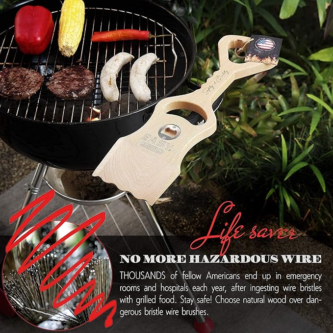 Wood Grill Scraper - Wooden Alternative for A BBQ Grill Brush, Made from Natural Pine Hardwood - Uses The New EasyShape Technology for Safe Cleaning & Bristle Free Barbecue