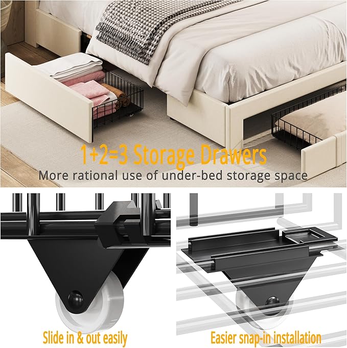 ANCTOR Queen Bed Frame with 3 Drawers, Upholstered Platform Bed with Storage Headboard and Charging Station, No Box Spring Needed, Easy Assembly, Beige