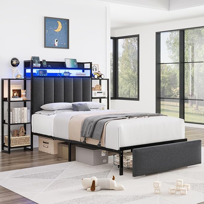 Keyluv Twin Bed Frame with Storage Headboard & Charging Station, Upholstered LED Platform Bed with Bedside Storage Rack & Drawer, Metal Slat Support, No Box Spring Needed, Linen Fabric, Black