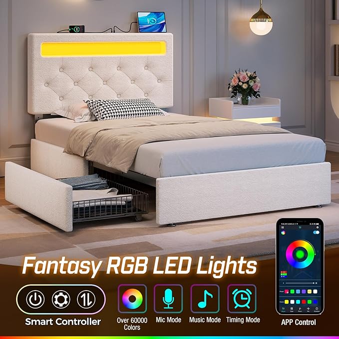 Rolanstar Twin Bed Frame with Charging Station and LED Lights, Upholstered Bed with Adjustable Headboard and 4 Storage Drawers, No Box Spring Needed, Easy Assembly, White