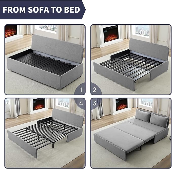 Queen Sofa Bed, Modern Pull Out Sofa Bed with Cushions & Throw Pillows, Linen Couch Beds, Convertible Sleeper Sofas Beds, Loveseat for Living Room for Small Spaces, Light Gray