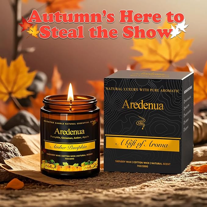 Fall Candle - Amber Pumpkin Candle | Autumn Scented Candles for Home, 7oz Pumpkin Soy Candles for Home Scented, 50 Hours Burn Time, Harvest Holiday/Halloween/Thanksgiving Fall Gifts for Women Men