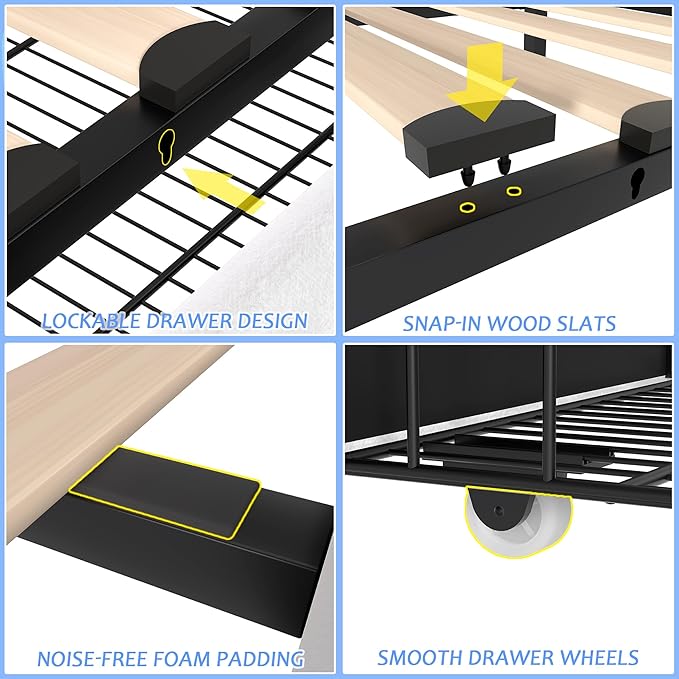 VECELO King Size Upholstered Platform Bed Frame with 4 Storage Drawers, Adjustable Velvet Rivet Decor Headboard, Wooden Slats Support, No Box Spring Needed, Easy Assembly