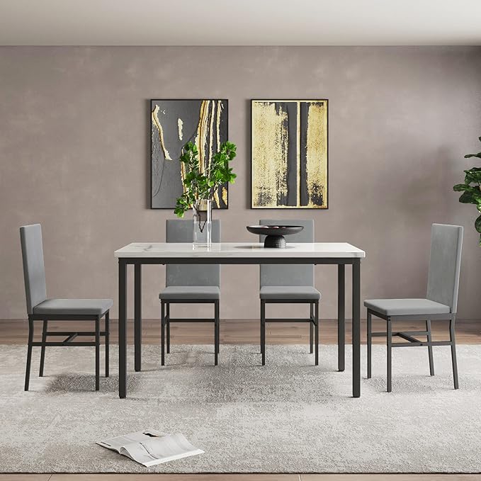 Dining Table Set for 4, 47.2" Faux Marble Kitchen Table Set with 4 Upholstered Velvet Chairs, Dinette Table Set for Dining Room, Kitchen, Breakfast Corner (Gray)