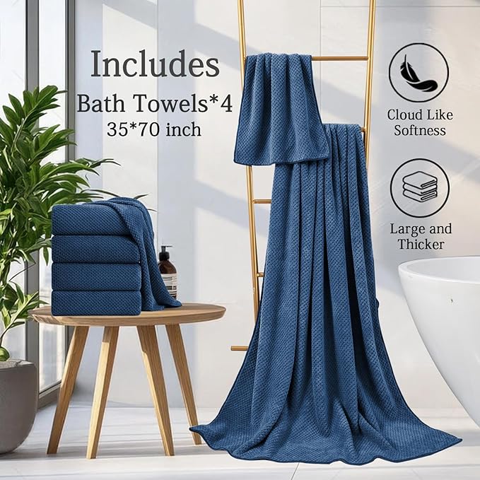 Hailea Navy Bath Towels Set 35x70 Inches - Luxury 600 GSM Oversized Bath Sheet Towel,Extra Large Microfiber - Quick Dry,Highly Absorbent,Super Soft Shower Towels Spa Hotel Bathroom Towel Set (4-Pack)