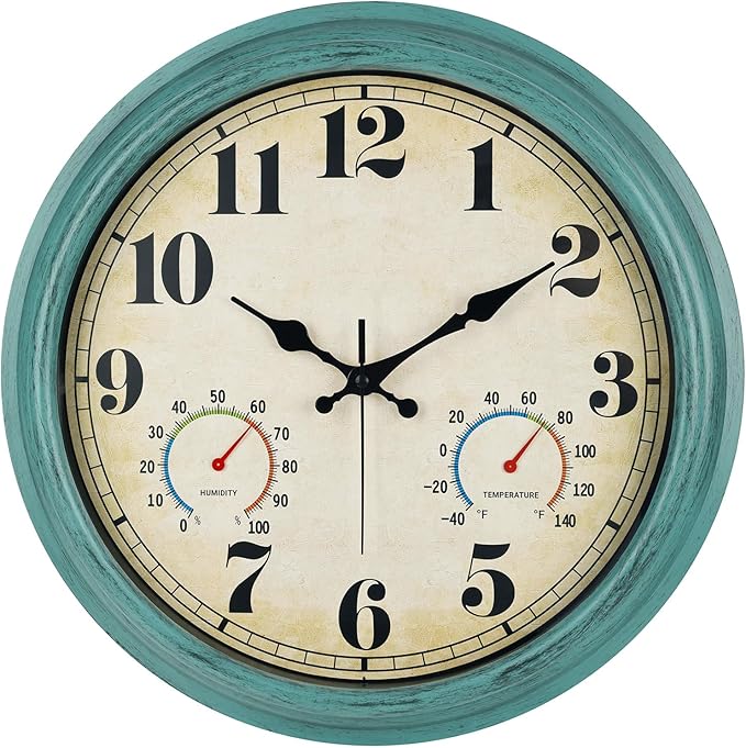 zyzamay 16 Inch Green Vintage Indoor/Outdoor Wall Clock with Thermometer & Hygrometer & Waterproof, Large Silent Sweep Numerals, Perfect for Porch, Garden, Pool
