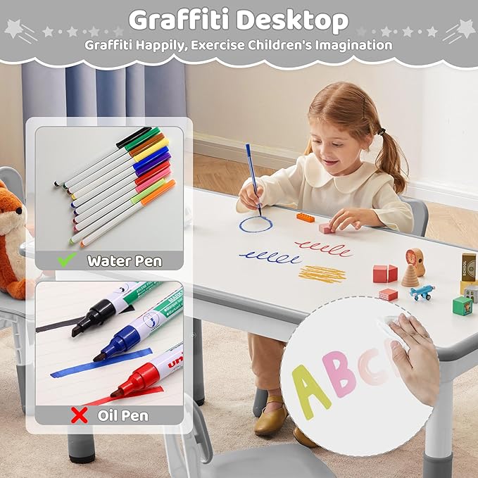 Toddler Table, 7 Level Height Adjustable Kids Play Furniture for Ages 3-8, Rectangular Plastic, 23.6" W x31.5 L, Multi-Activity Desk with Graffiti Desktop for Home & Daycare