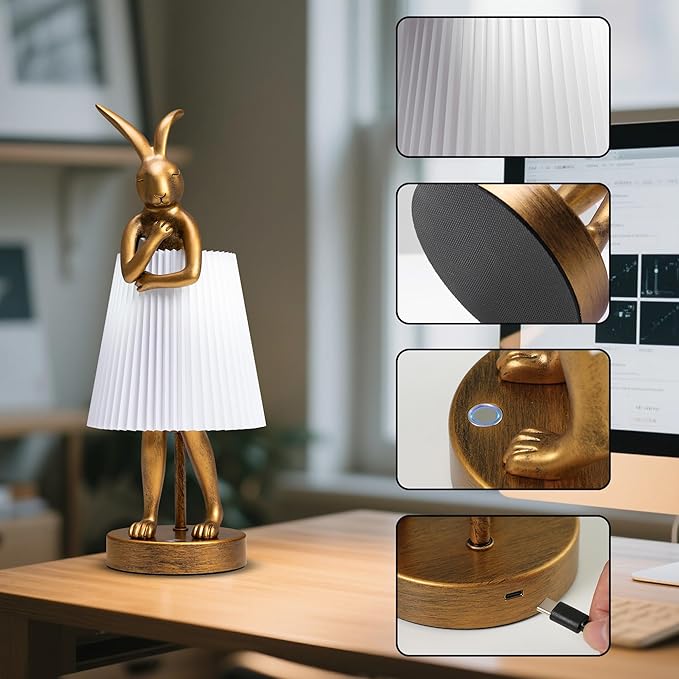 Rabbit Lamp, Bunny Desk Light with Pleated Shade, Big Face Novelty LED Night Light, Cordless Rechargeable Battery Operated, Whimsical Art Deco Home Office Decor Gift for Bedroom, Kids Room