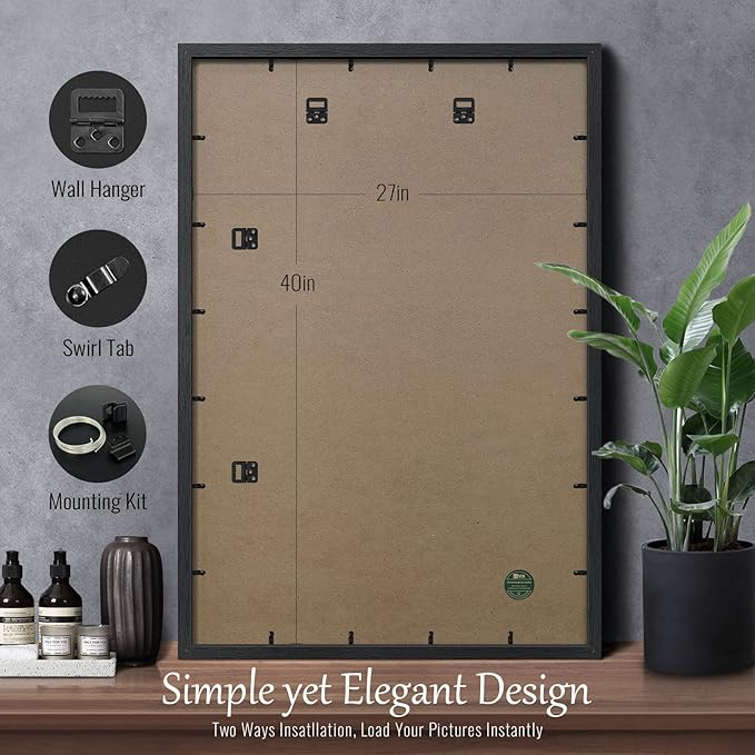 VCK 27x40 Picture Frame Set of 4 - Black, Gallery-Quality Wood Poster Frames, 1.1-Inch Wide Border, Polished Plexiglass, Vertical or Horizontal Wall Display for Photo/Art/Prints, Black