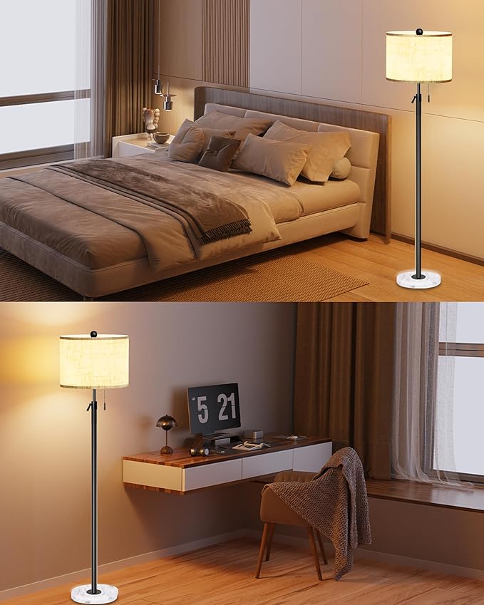 Floor Lamp for Living Room - Adjustable Height Standing Lamp with Marble Base & Linen Shade - Tall Pole Floor Light with 3 Color Temperatures Bulb for Bedroom, Reading - Easy Assembly