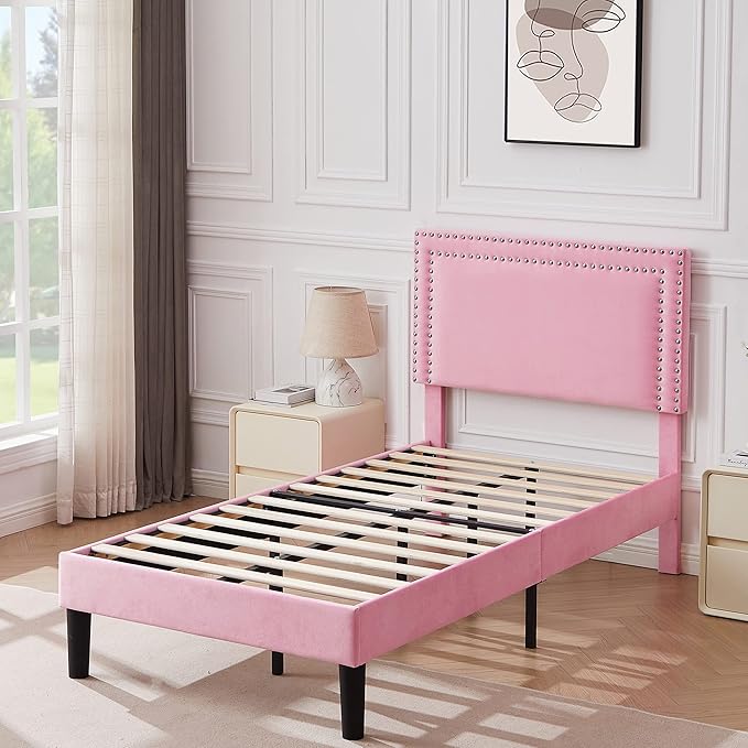 VECELO Twin Size Platform Bed Frame with Height Adjustable Upholstered Headboard, Modern Mattress Foundation,Strong Wood Slat Support, No Box Spring Needed, Easy Assembly