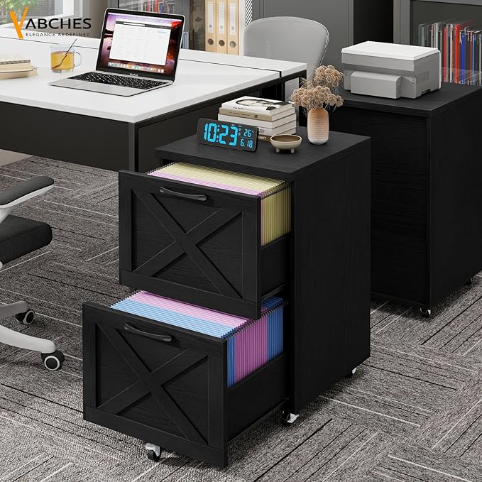 Farmhouse File Cabinet with 2 Drawers, Vertical Filing Cabinet on Wheels for Letter/A4 Size Hanging Files, Mobile File Cabinets Printer Stand for Home Office, Black