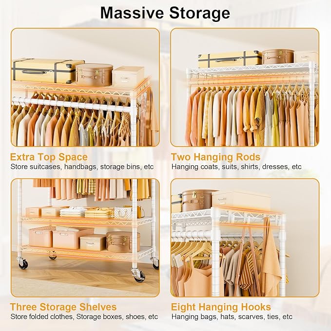 P7 Rolling Clothes Rack, Clothing Racks for Hanging Clothes, Heavy Duty Garment Rack with Wheels, 3 Tiers Freestanding Portable Closet Rack 45''W × 20.5''D × 80.5''H, Max Load 480 lbs, White