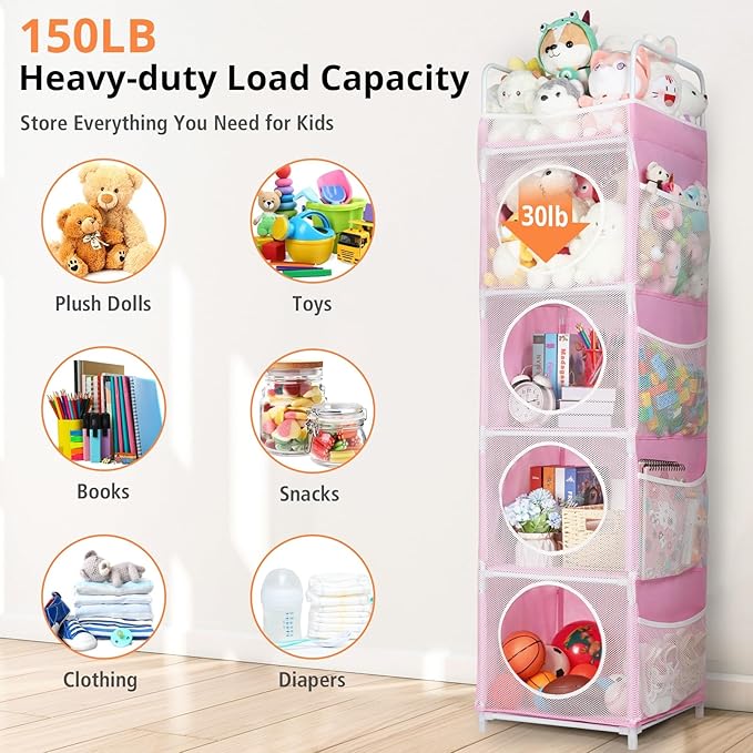 Stuffed Animal Storage, 5 Tier - 8 Side Pockets Toy Storage Organizer, 63.8" Space-Saving Corner Storage for Kids' Bedroom & Playroom, Pink
