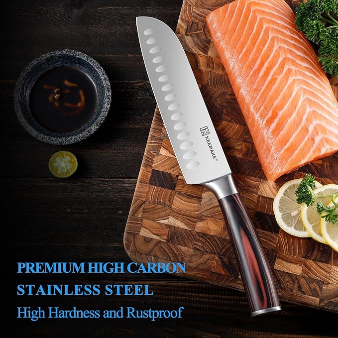 KEEMAKE Chef Santoku Knife: 7 Inch Ultra Sharp Kitchen Knife with Stainless Steel Blade Japanese Knife for Cooking Meat Fruit Vegetable, with Ergonomic Pakkawood Handle and Gift Box Included