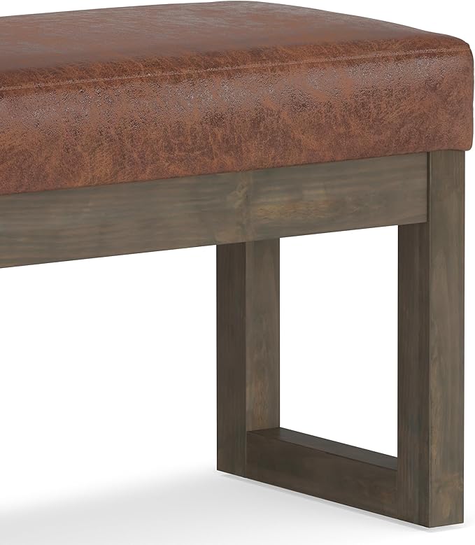 SIMPLIHOME Milltown 27 inch Wide Contemporary Rectangle Footstool Ottoman Bench in Distressed Saddle Brown Vegan Faux Leather, Assembled, for the Living Room and Bedroom