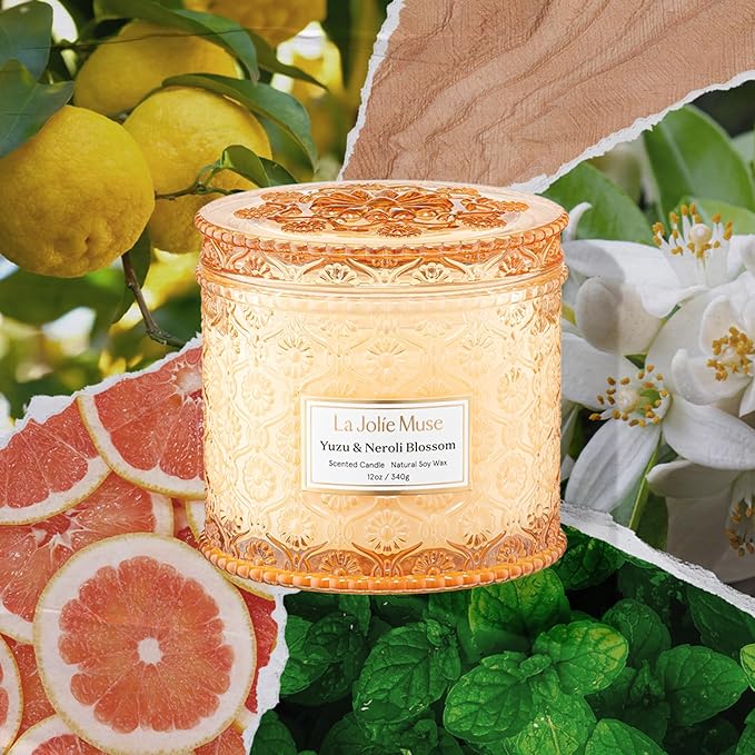 LA JOLIE MUSE Citrus Candle, Yuzu & Neroli Blossom Scented Candles, Luxury Jar Candle Gifts for Women & Men, Large 2-Wick Soy Candles, 60 Hours Long Burning, 12oz