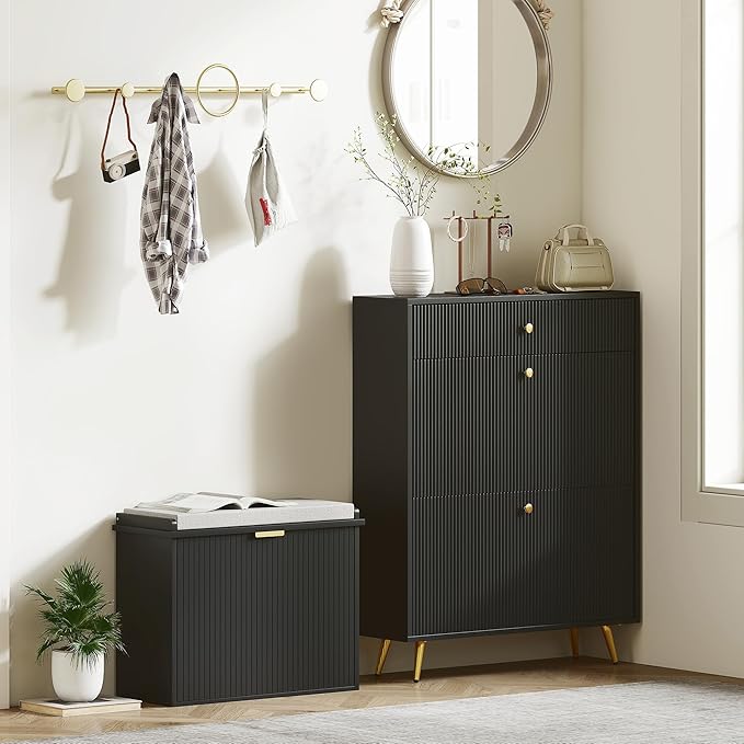 HOMCOM Narrow Shoe Bench with Padded Seat Cushion and Flip-Drawer, Small Entryway Bench Holds up to 265lb, Shoe Cabinet, 24.4x10.2x18.7 Inches, Black