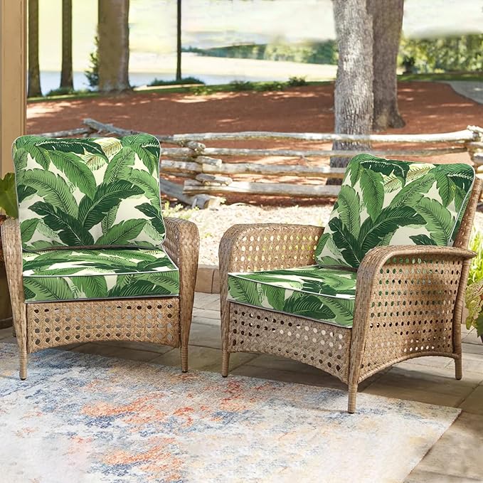 Outdoor Deep Seat Cushions Set 24 x 24 Inch for Patio Furniture,Water Resistant Chair Cushions Replacement Includes Seat Cushion & Back Pillow for Sofa, Wicker Chair - Swaying Palms Green