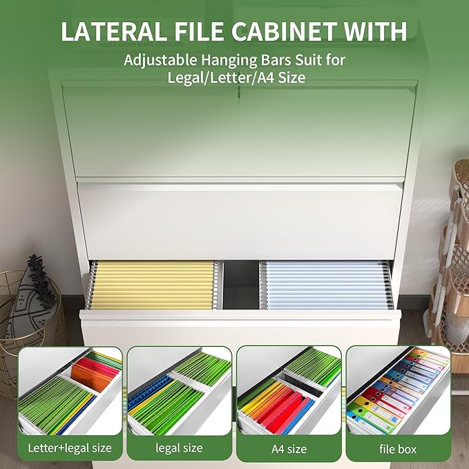 Metal Lateral File Cabinets with Lock,4 Drawer Filing Cabinets for Home Office,Storage Cabinets for Hanging Files Letter/Legal/F4/A4 (White)