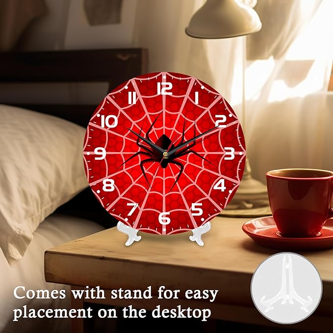 Wall Clock, 10 Inch Silent Non-Ticking Home Kitchen Decor, Battery Operated for Bathroom Bedroom Living Room Office(Red Spider Web)