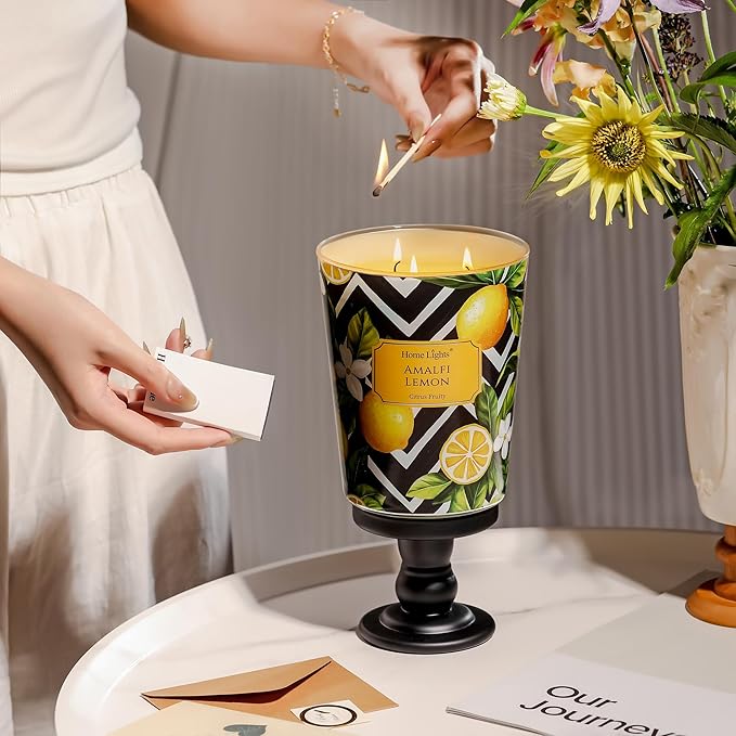 HomeLights Large jar Candle | 3-Wick Long-Lasting Scented Candles, 34oz Natural Soy Wax Candle for Home Scented, Eclectic Mixed Styles Gifts for Women & Men, Amalfi Lemon