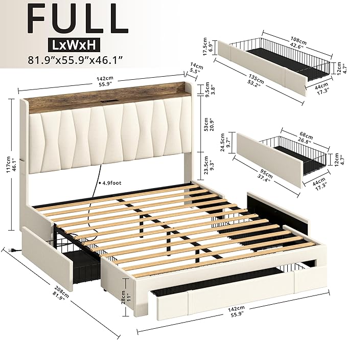 ANCTOR Full Size Bed Frame with 3 Drawers, Upholstered Platform Bed with Storage Headboard and Charging Station, No Box Spring Needed, Easy Assembly, Beige
