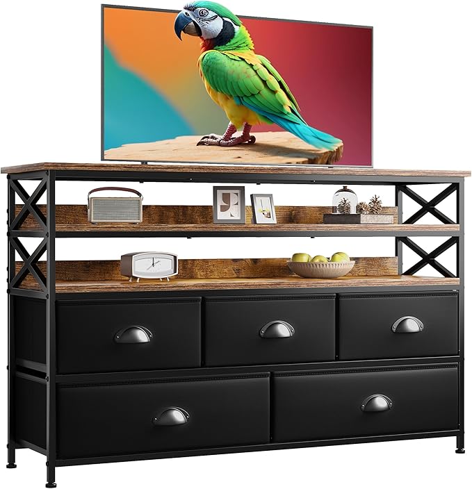 Black Dresser TV Stand for 50" TV, Sturdy Dresser for Bedroom with 3 Wood Open Shelves and 5 Fabric Drawers, Chest of Drawers Storage Dressers for Entryway, Closet, 11.8" D x 39.4" W x 38.4" H