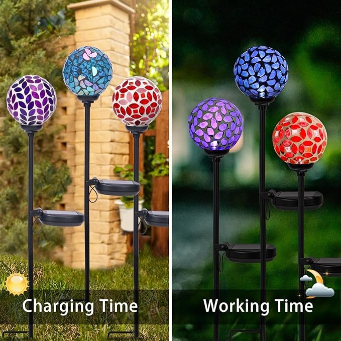 VCUTEKA Solar Garden Decorative Lights Outdoor, Mosaic Solar Light Waterproof LED Pathway Stake Light for Landscape Patio Yard Deck Walkway Decoration, 3 Pack (Blue&Purple&Red)