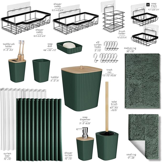 Bathroom Accessories Set with Shower Caddy and Bath Rugs 27PC Bathroom Accessory Set with Shower Caddies Green Bath Rugs, Shower Curtain Set, Toilet Brush, Trash Can, Soap Dispenser, Toothbrush holder