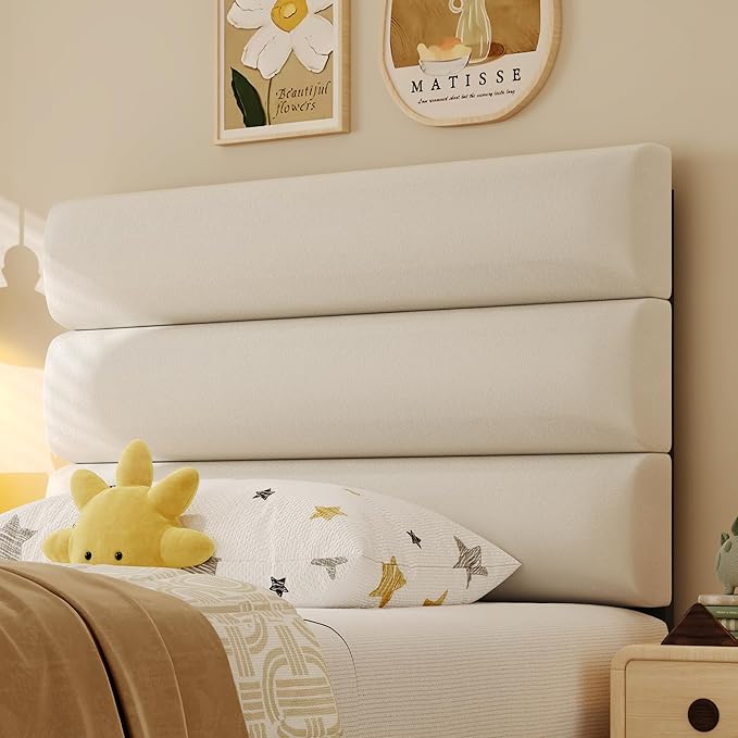 Twin Bed Frame, Platform Bed Frame with Velvet Upholstered Headboard, No Box Spring Needed, Sturdy Metal Support, Noise Free, Easy Assembly, Modern Bedroom Furniture, Beige