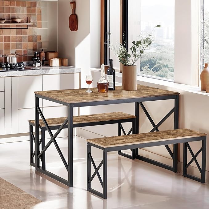 VECELO Kitchen Table with 2 Benches for 4, 43.3'' Wood Dining Room Dinette Sets with X Metal Frame for Breakfast Nook and Small Space, Brown