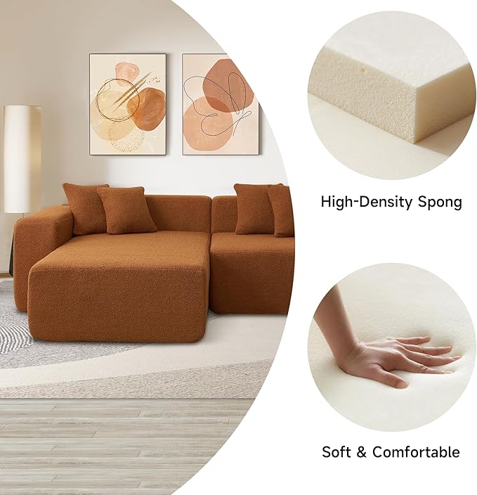 105'' Modular Sectional Couch, Modern L-Shape Sectional Sofa with Chaise Lounge, Comfy Lambswool Fabric Corner Sofa, Upholstered 4 Seater Couch for Living Room, Bedroom, Apartment, Orange