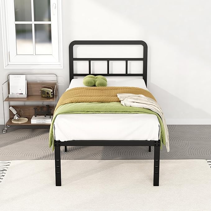 18 Inch Twin XL Bed Frame with Headboard No Box Spring Needed Metal Platform Heavy Duty Steel Slat Mattress Foundation/Easy Assembly/Noise Free/Black
