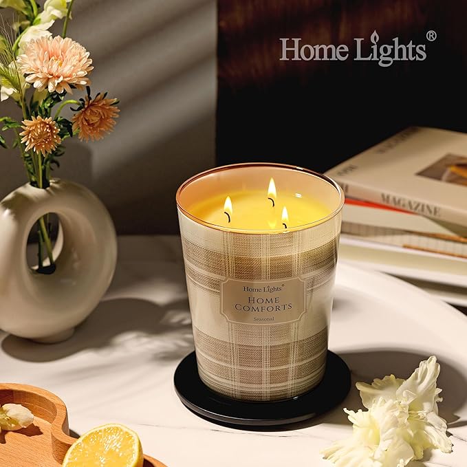 HomeLights Home Comforts Scented Candles | 34oz Soy Candles Rustic Modern 3-Wick Large Candle Jars | Ideal Candle Gifts for Events, Home Decor Stress, Relief & Relaxation