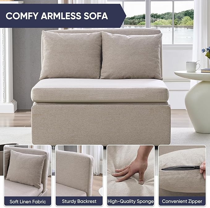 Sofa Bed, Full Size 2 in 1 Pull Out Sofa Couch Bed with Cushions & Throw Pillows & Wheels, Modern Linen Convertible Foldable Sleeper Sofas Couch for Small Spaces, Living Room Furniture - Beige