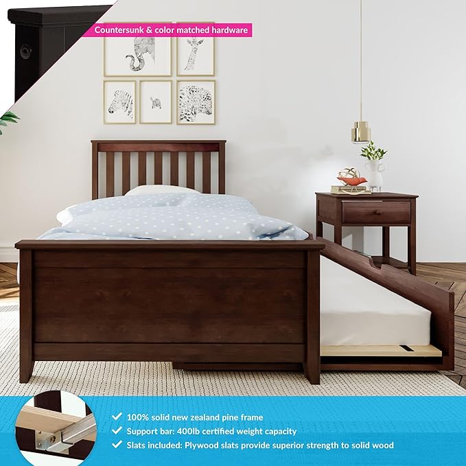 Max & Lily Twin Bed, Wood Bed Frame with Headboard For Kids with Trundle, Slatted, Espresso