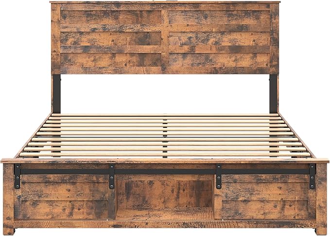 Wooden Bed Frame Queen Size with Headboard & Sliding Barn Door Storage Footboard, Farmhouse Platform Bedframe with Charging Station, No Box Spring Needed, Brown