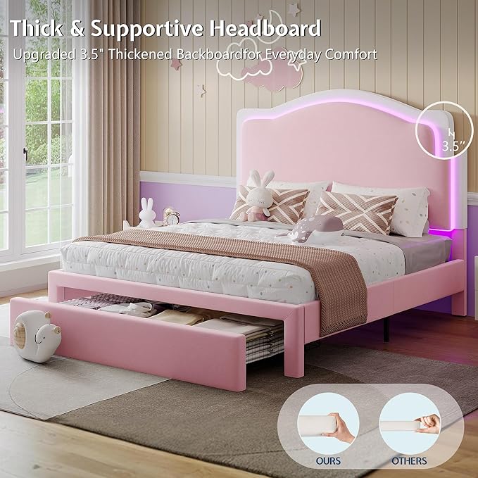 Jocisland Twin Bed Frame with 51" Tall & Thick Adjustable Headboard, Storage Drawer, RGB LED Lights, No Box Spring Needed, Velvet Upholstered, Pink