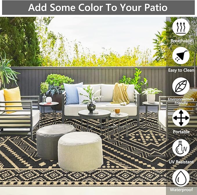 Waterproof Outdoor Rug 8x10 ft, Reversible Plastic Straw Mat, Large Floor Mat for Patio, Camping, Picnic, Backyard RV, Deck, Black